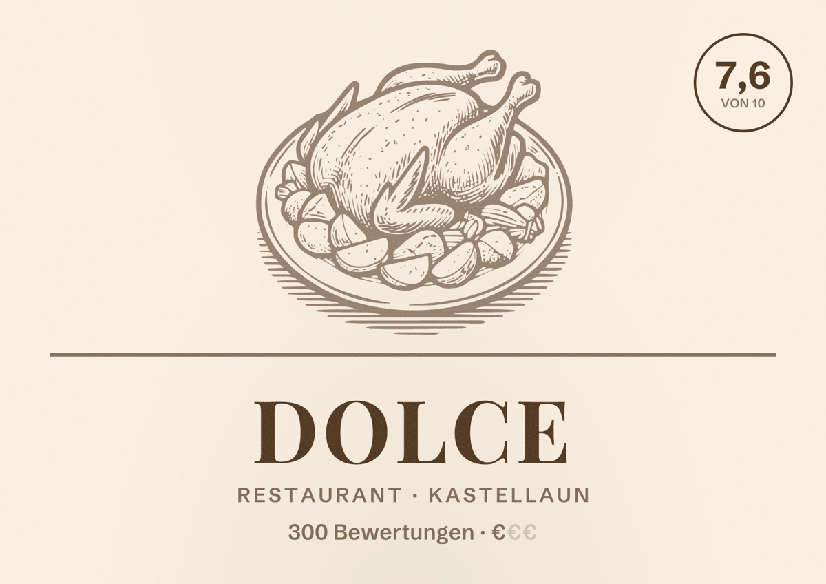 Illustriertes Poster von Dolce, Restaurant in Kastellaun: Bewertung 7,6 von 10 aus 300 Bewertungen, Preisniveau €