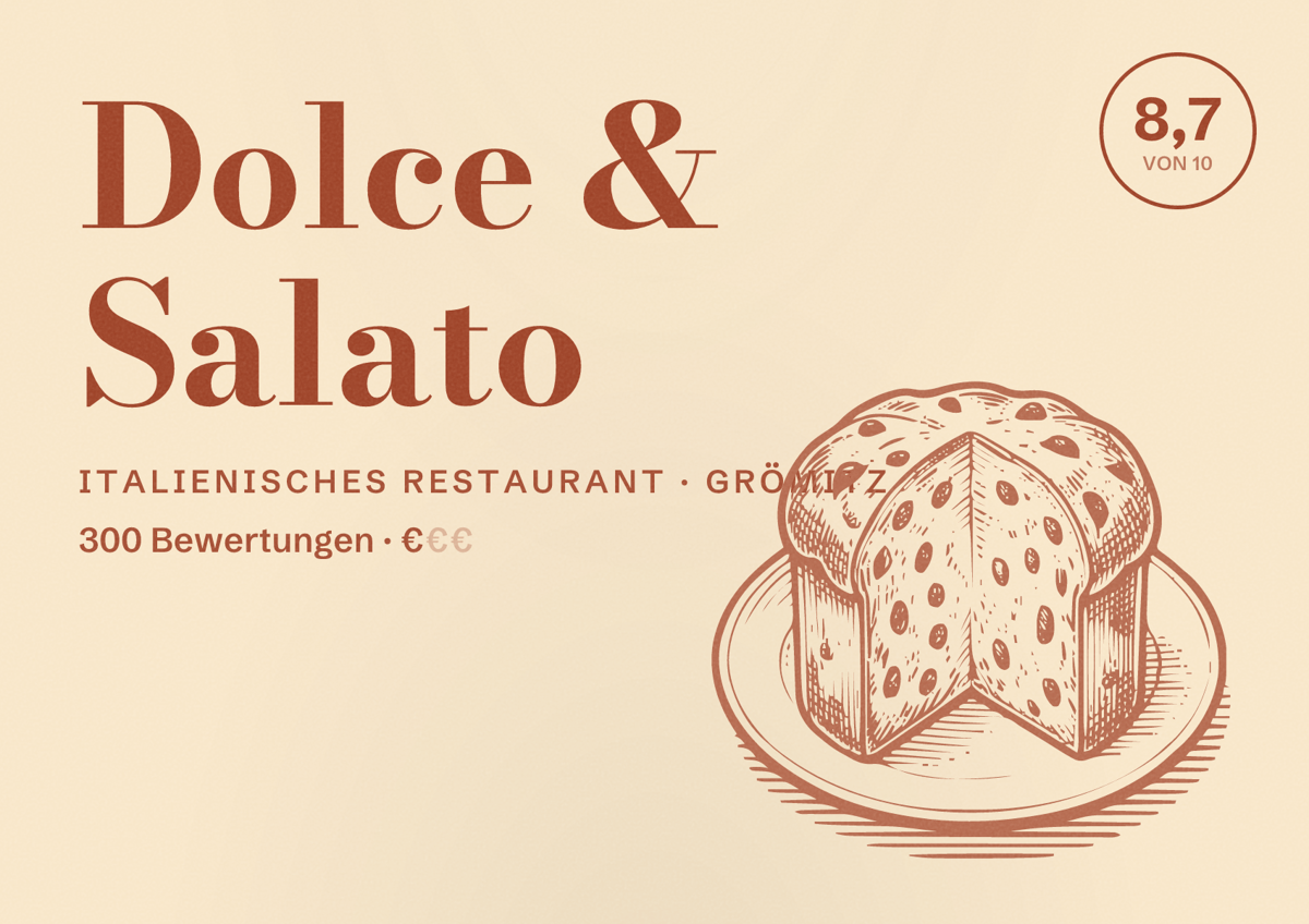 Illustriertes Poster von Dolce & Salato, Italienisches Restaurant in Grömitz: Bewertung 8,7 von 10 aus 300 Bewertungen, Preisniveau €