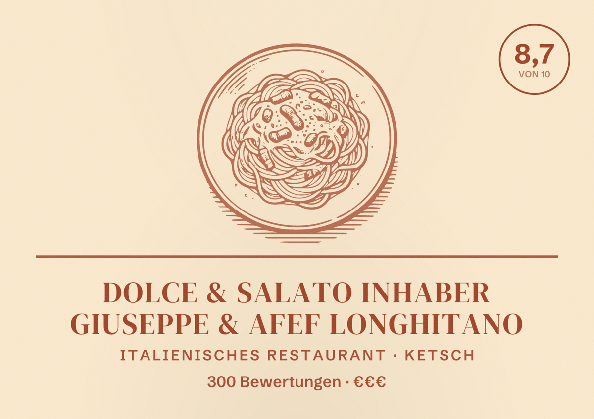 Illustriertes Poster von Dolce & Salato Inhaber Giuseppe & Afef Longhitano, Italienisches Restaurant in Ketsch: Bewertung 8,7 von 10 aus 300 Bewertungen, Preisniveau €€€