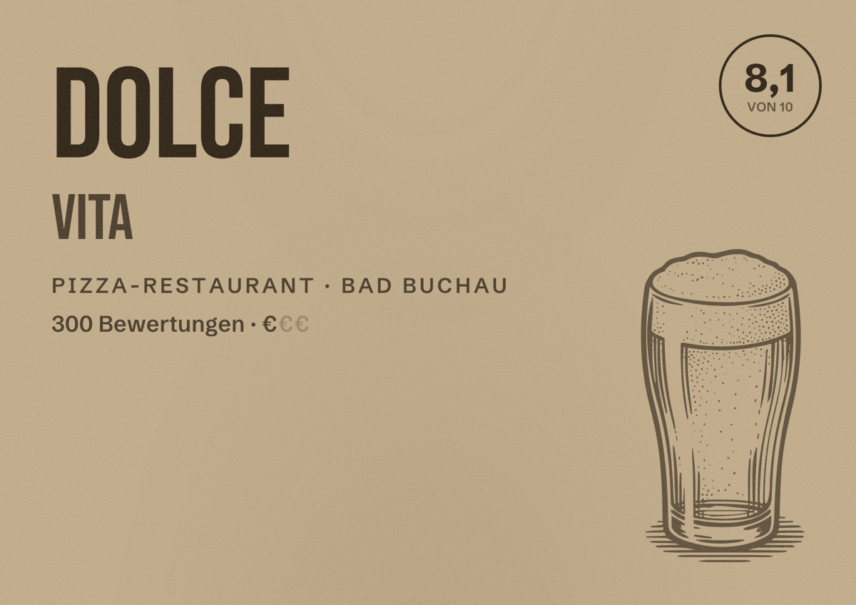 Illustriertes Poster von Dolce Vita, Pizza-Restaurant in Bad Buchau: Bewertung 8,1 von 10 aus 300 Bewertungen, Preisniveau €