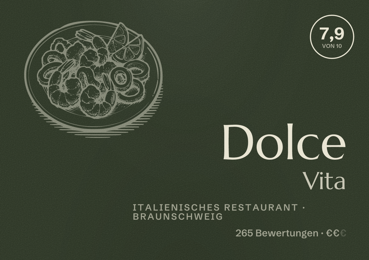 Illustriertes Poster von Dolce Vita, Italienisches Restaurant in Braunschweig: Bewertung 7,9 von 10 aus 265 Bewertungen, Preisniveau €€