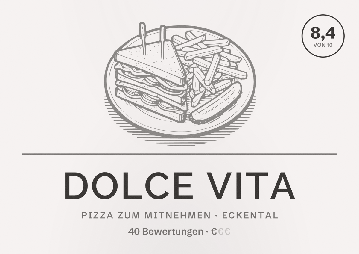 Illustriertes Poster von Dolce Vita, Pizza zum Mitnehmen in Eckental: Bewertung 8,4 von 10 aus 40 Bewertungen, Preisniveau €