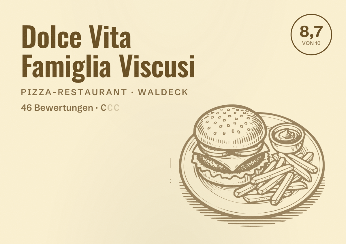 Illustriertes Poster von Dolce Vita Famiglia Viscusi, Pizza-Restaurant in Waldeck: Bewertung 8,7 von 10 aus 46 Bewertungen, Preisniveau €