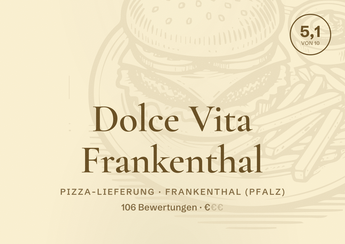 Illustriertes Poster von Dolce Vita Frankenthal, Pizza-Lieferung in Frankenthal (Pfalz): Bewertung 5,1 von 10 aus 106 Bewertungen, Preisniveau €