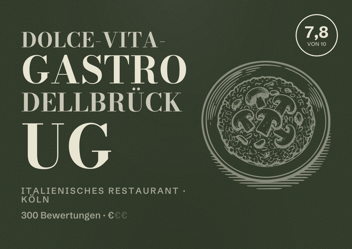 Illustriertes Poster von Dolce-Vita- Gastro Dellbrück UG, Italienisches Restaurant in Köln: Bewertung 7,8 von 10 aus 300 Bewertungen, Preisniveau €