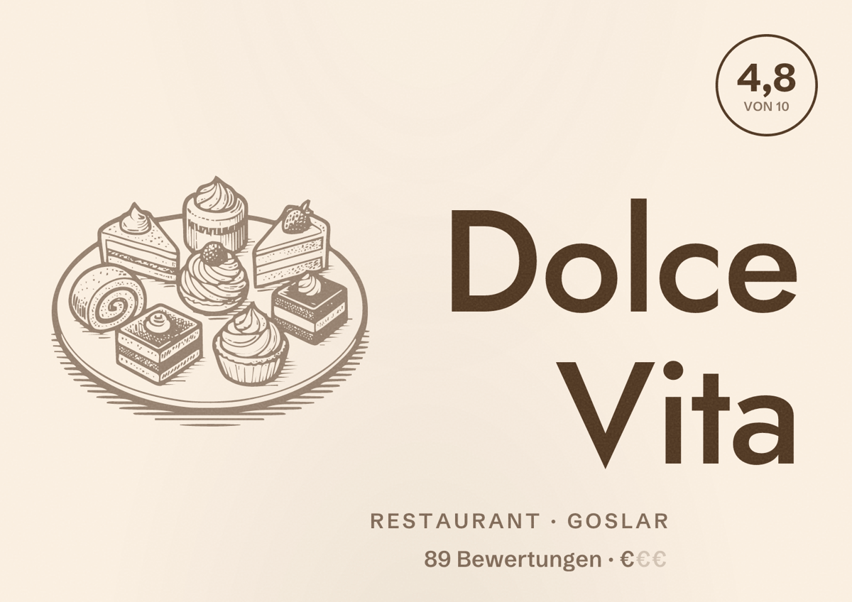 Illustriertes Poster von Dolce Vita, Restaurant in Goslar: Bewertung 4,8 von 10 aus 89 Bewertungen, Preisniveau €
