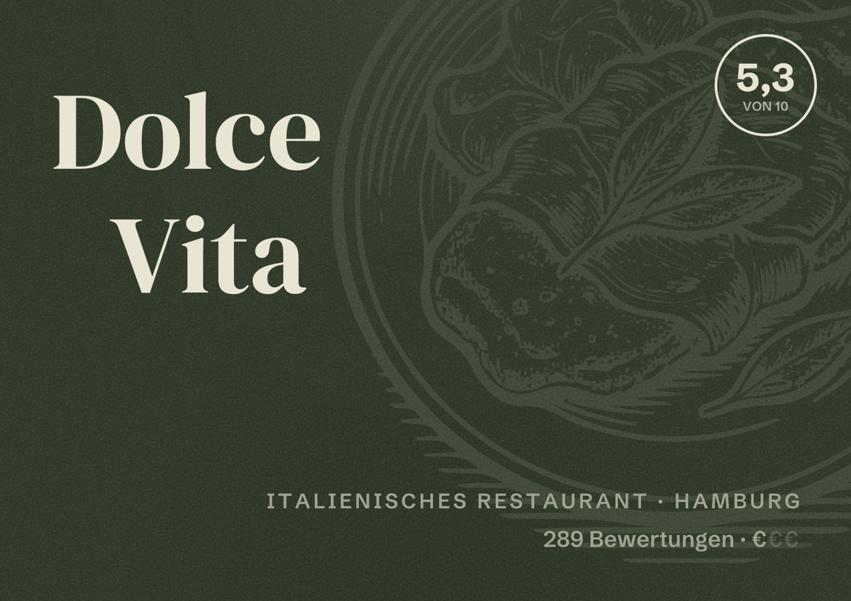 Illustriertes Poster von Dolce Vita, Italienisches Restaurant in Hamburg: Bewertung 5,3 von 10 aus 289 Bewertungen, Preisniveau €