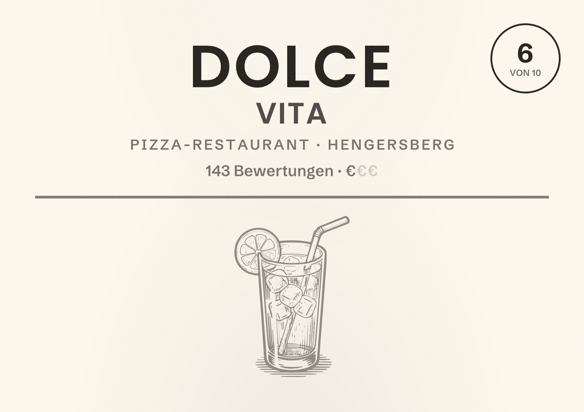 Illustriertes Poster von Dolce Vita, Pizza-Restaurant in Hengersberg: Bewertung 6 von 10 aus 143 Bewertungen, Preisniveau €