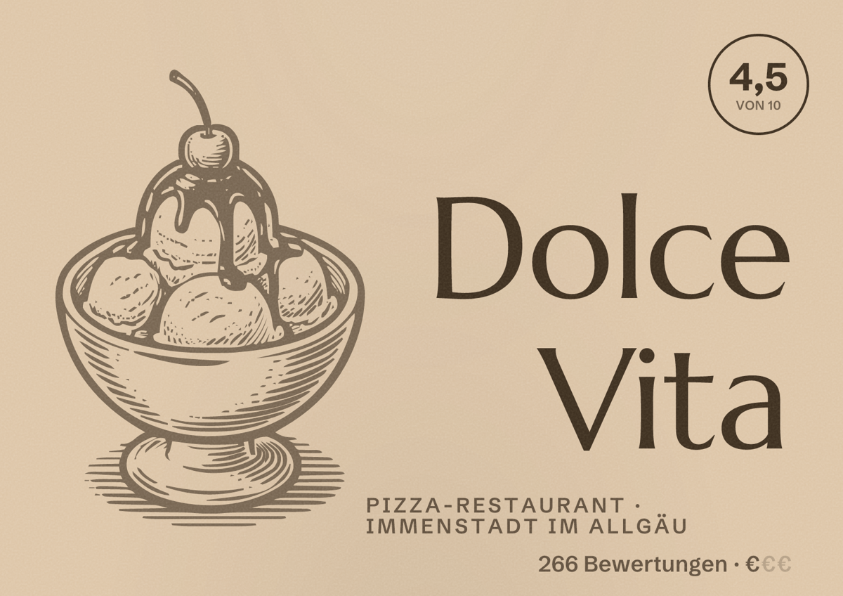 Illustriertes Poster von Dolce Vita, Pizza-Restaurant in Immenstadt im Allgäu: Bewertung 4,5 von 10 aus 266 Bewertungen, Preisniveau €