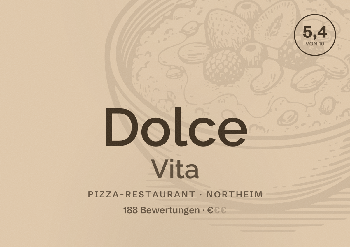 Illustriertes Poster von Dolce Vita, Pizza-Restaurant in Northeim: Bewertung 5,4 von 10 aus 188 Bewertungen, Preisniveau €
