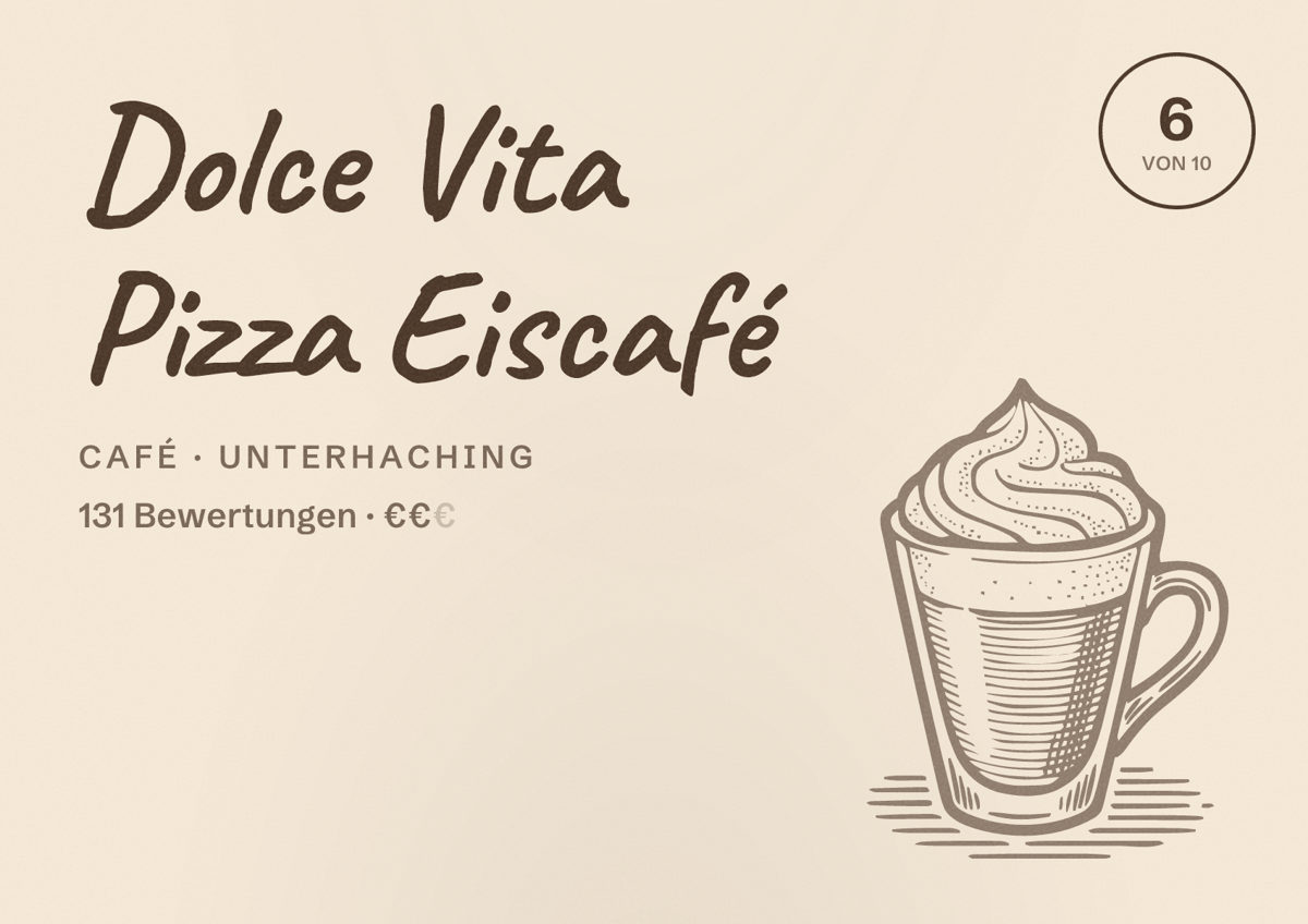 Illustriertes Poster von Dolce Vita Pizza Eiscafé, Café in Unterhaching: Bewertung 6 von 10 aus 131 Bewertungen, Preisniveau €€