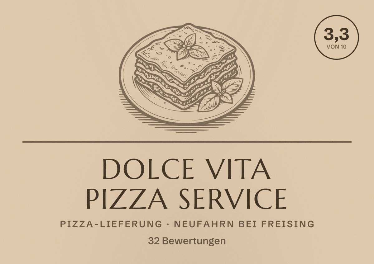 Illustriertes Poster von Dolce Vita Pizza Service, Pizza-Lieferung in Neufahrn bei Freising: Bewertung 3,3 von 10 aus 32 Bewertungen