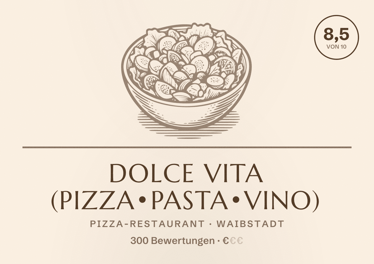 Illustriertes Poster von Dolce Vita (Pizza•Pasta•Vino), Pizza-Restaurant in Waibstadt: Bewertung 8,5 von 10 aus 300 Bewertungen, Preisniveau €