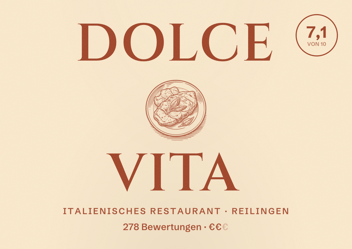 Illustriertes Poster von Dolce Vita, Italienisches Restaurant in Reilingen: Bewertung 7,1 von 10 aus 278 Bewertungen, Preisniveau €€