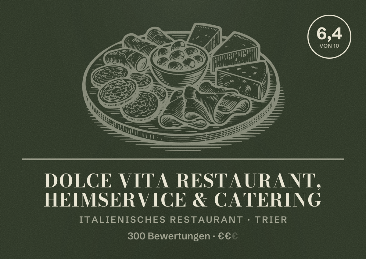 Illustriertes Poster von Dolce Vita Restaurant, Heimservice & Catering, Italienisches Restaurant in Trier: Bewertung 6,4 von 10 aus 300 Bewertungen, Preisniveau €€
