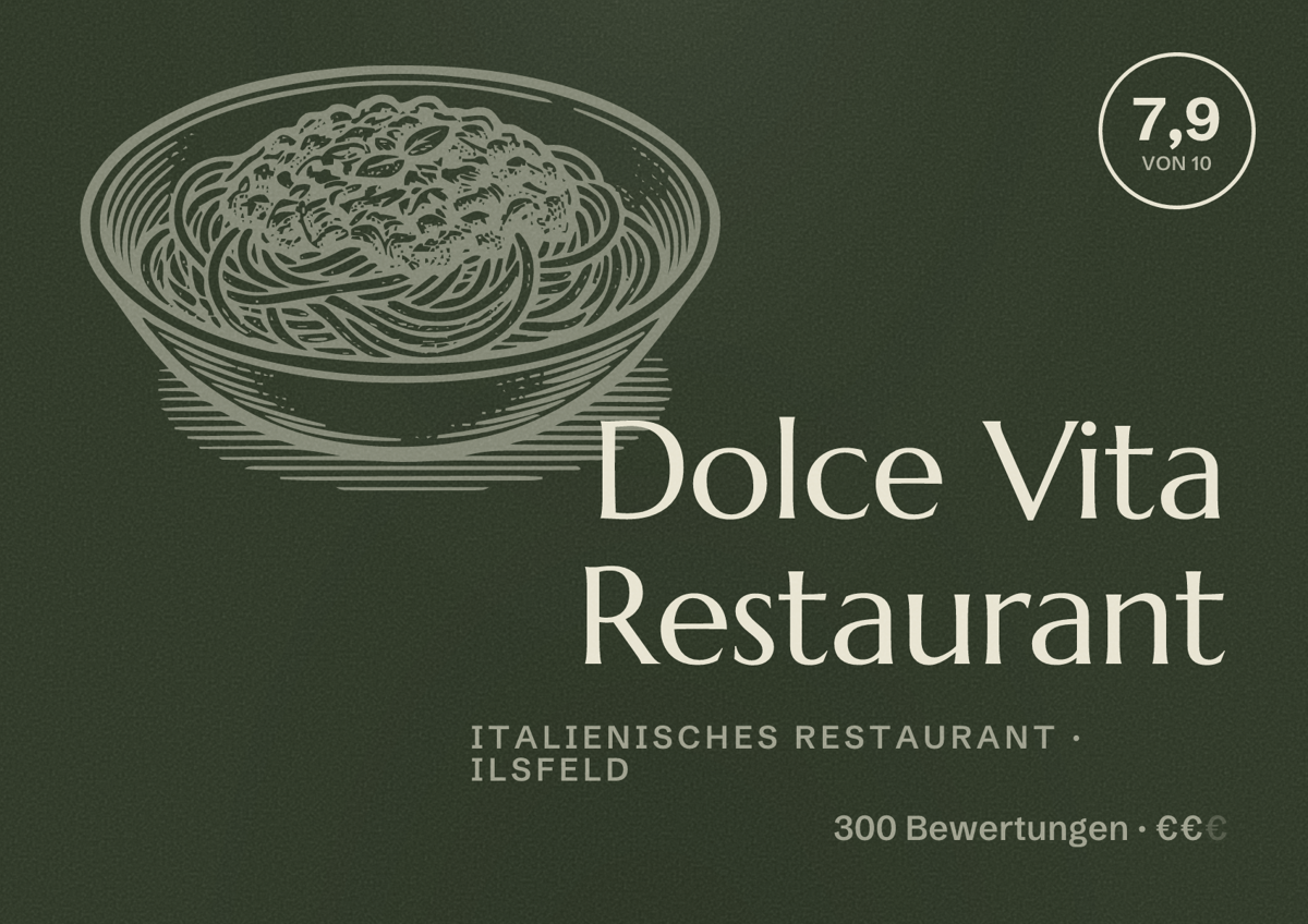 Illustriertes Poster von Dolce Vita Restaurant, Italienisches Restaurant in Ilsfeld: Bewertung 7,9 von 10 aus 300 Bewertungen, Preisniveau €€