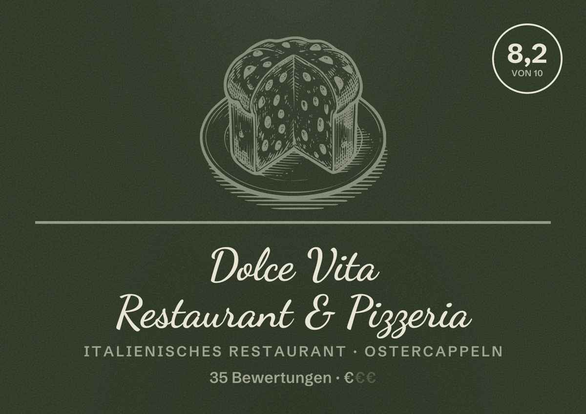 Illustriertes Poster von Dolce Vita Restaurant & Pizzeria, Italienisches Restaurant in Ostercappeln: Bewertung 8,2 von 10 aus 35 Bewertungen, Preisniveau €