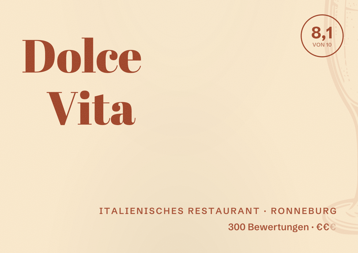 Illustriertes Poster von Dolce Vita, Italienisches Restaurant in Ronneburg: Bewertung 8,1 von 10 aus 300 Bewertungen, Preisniveau €€