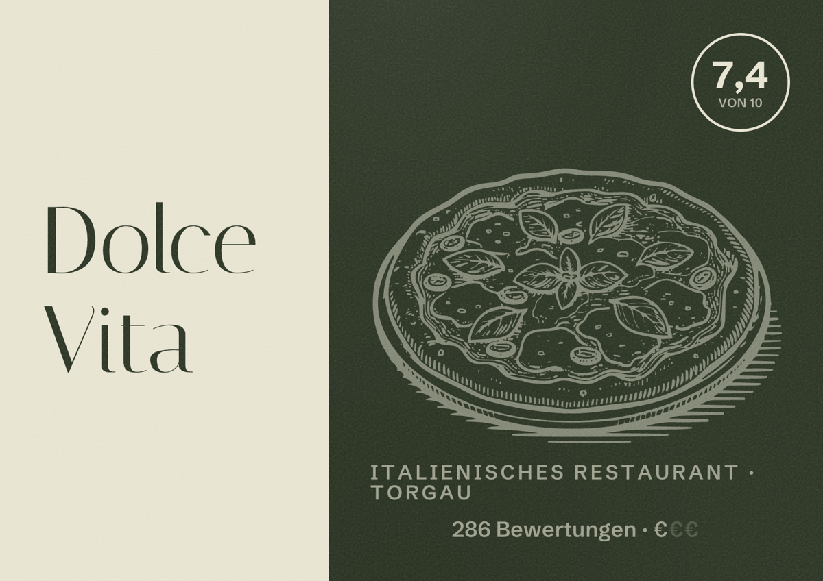 Illustriertes Poster von Dolce Vita, Italienisches Restaurant in Torgau: Bewertung 7,4 von 10 aus 286 Bewertungen, Preisniveau €