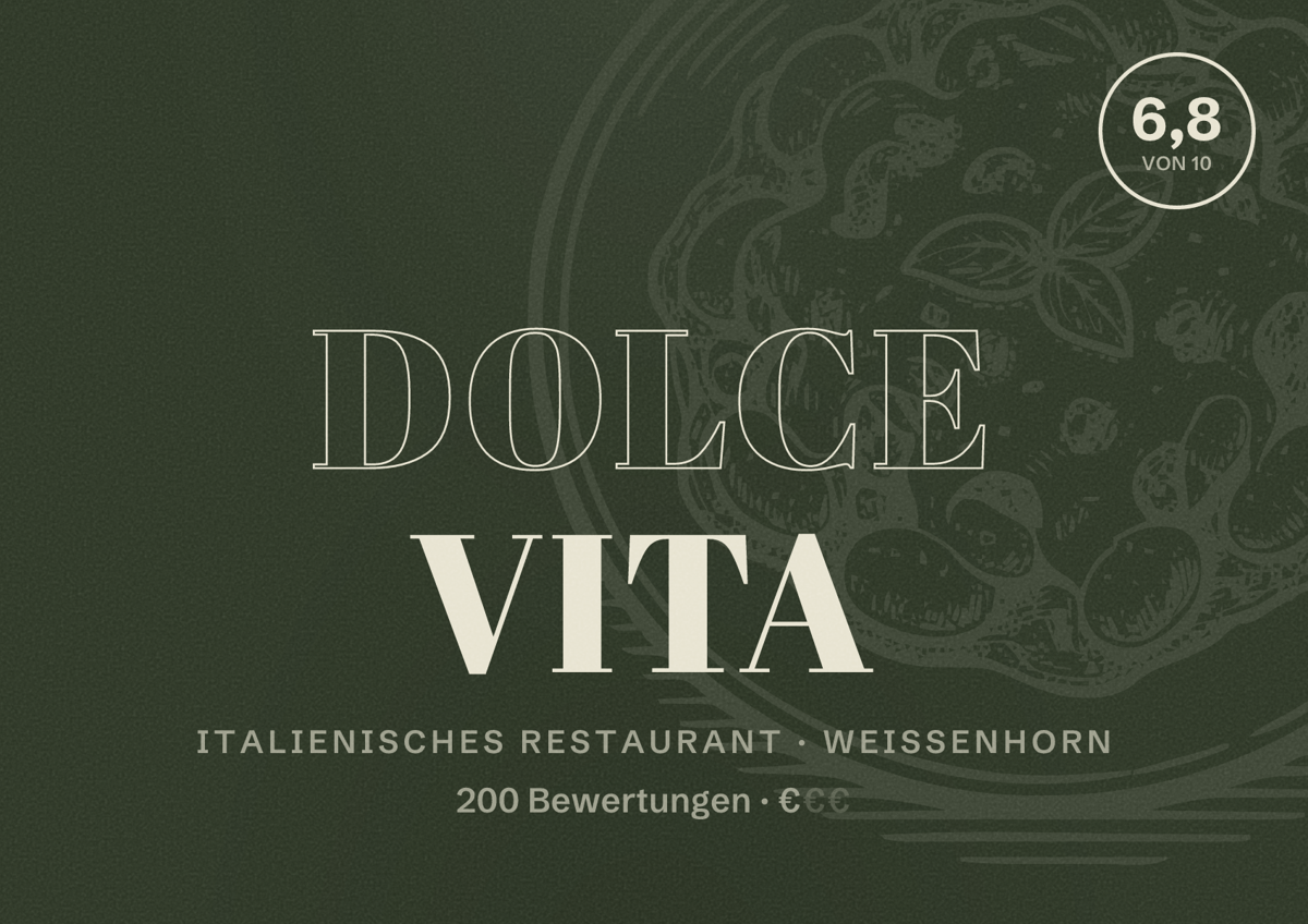 Illustriertes Poster von Dolce Vita, Italienisches Restaurant in Weißenhorn: Bewertung 6,8 von 10 aus 200 Bewertungen, Preisniveau €