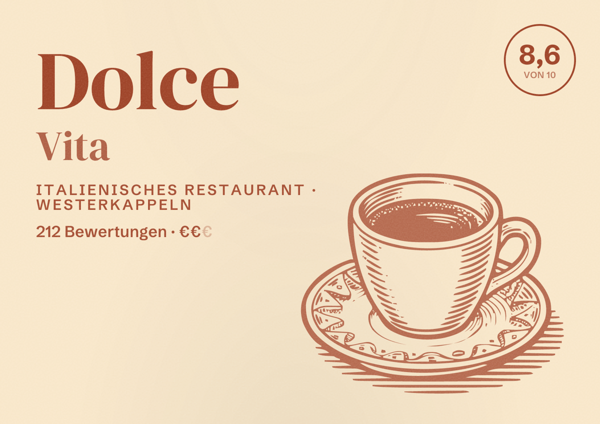 Illustriertes Poster von Dolce Vita, Italienisches Restaurant in Westerkappeln: Bewertung 8,6 von 10 aus 212 Bewertungen, Preisniveau €€