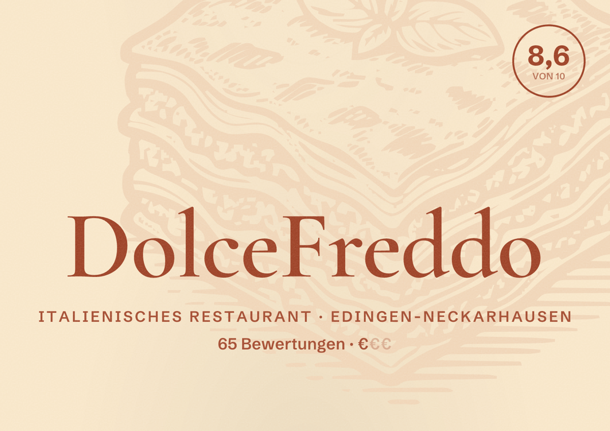 Illustriertes Poster von DolceFreddo, Italienisches Restaurant in Edingen-Neckarhausen: Bewertung 8,6 von 10 aus 65 Bewertungen, Preisniveau €
