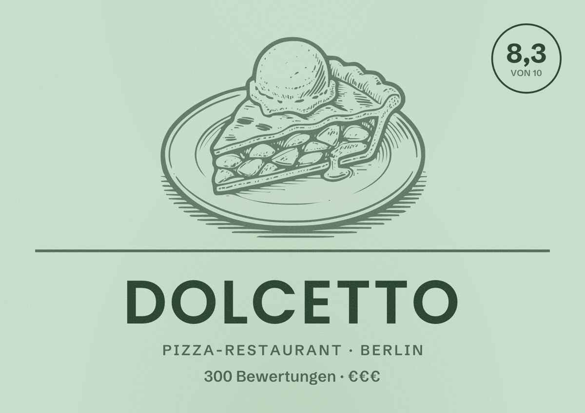 Illustriertes Poster von Dolcetto, Pizza-Restaurant in Berlin: Bewertung 8,3 von 10 aus 300 Bewertungen, Preisniveau €€€