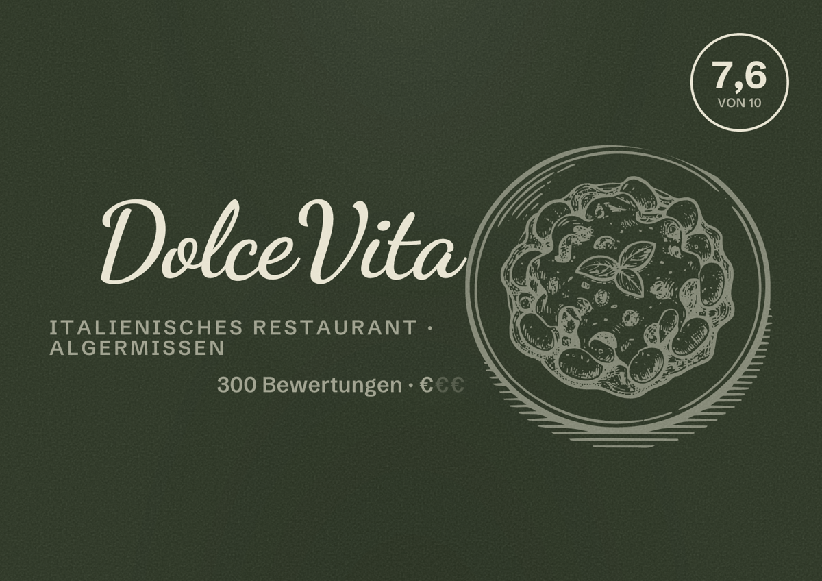 Illustriertes Poster von DolceVita, Italienisches Restaurant in Algermissen: Bewertung 7,6 von 10 aus 300 Bewertungen, Preisniveau €