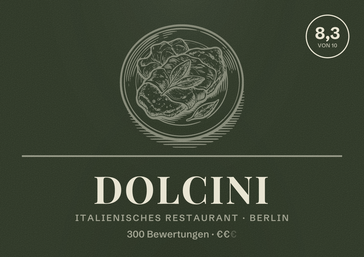 Illustriertes Poster von Dolcini, Italienisches Restaurant in Berlin: Bewertung 8,3 von 10 aus 300 Bewertungen, Preisniveau €€
