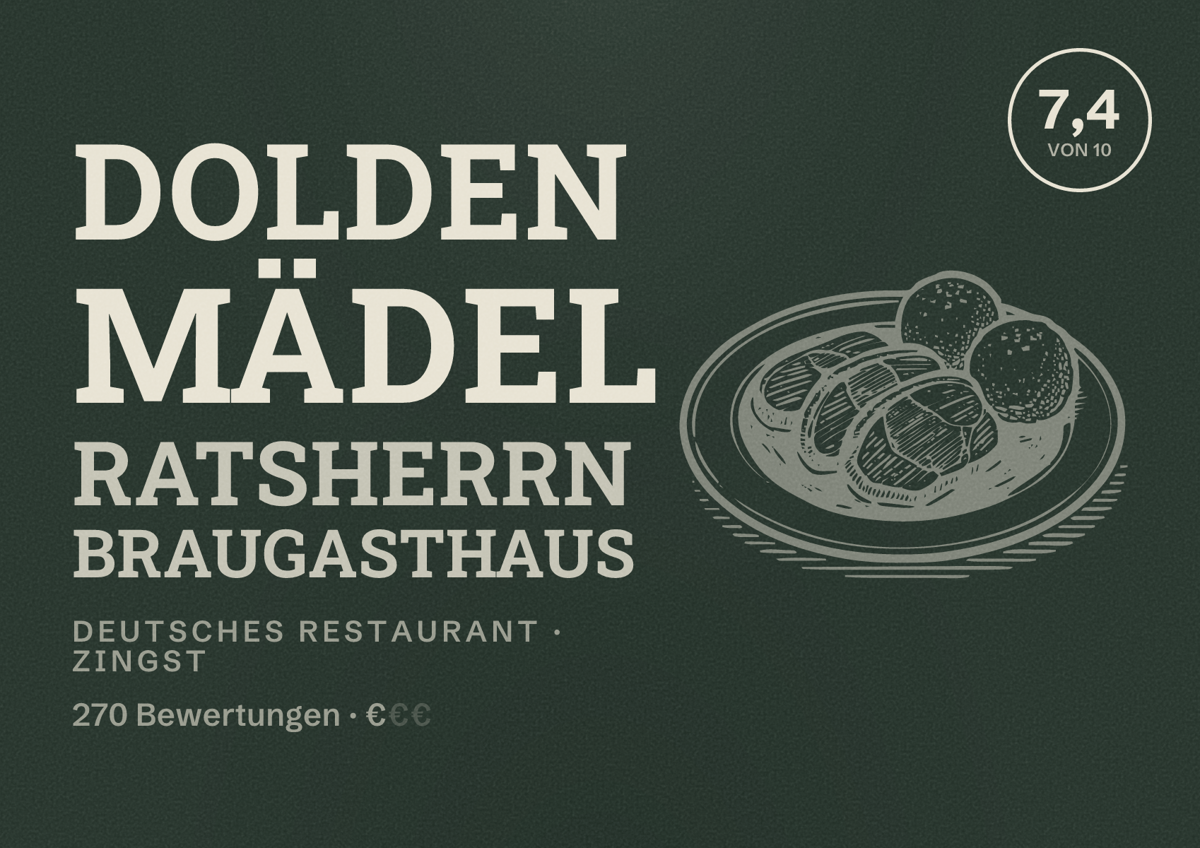 Illustriertes Poster von Dolden Mädel Ratsherrn Braugasthaus, Deutsches Restaurant in Zingst: Bewertung 7,4 von 10 aus 270 Bewertungen, Preisniveau €