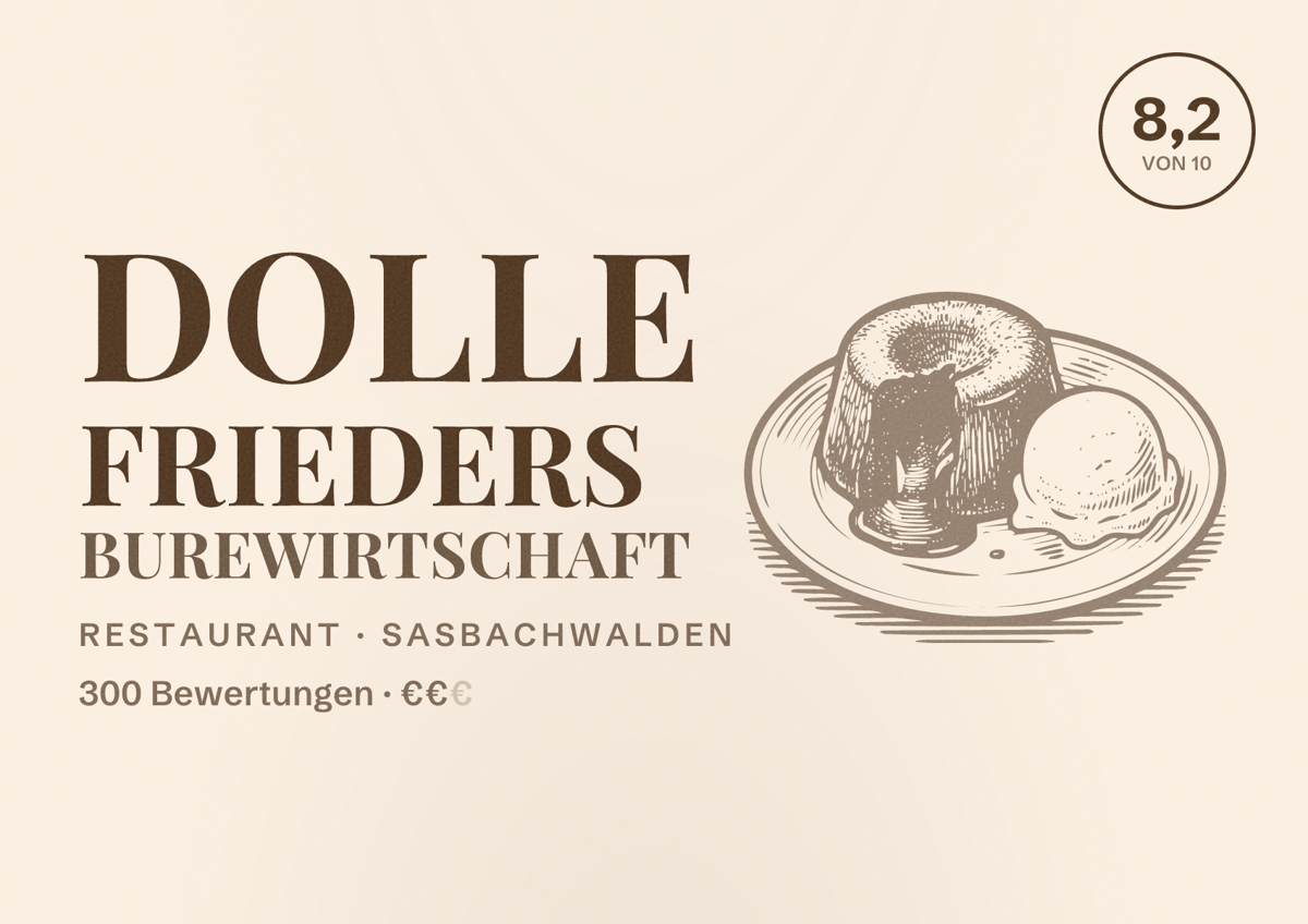 Illustriertes Poster von Dolle Frieders Burewirtschaft, Restaurant in Sasbachwalden: Bewertung 8,2 von 10 aus 300 Bewertungen, Preisniveau €€