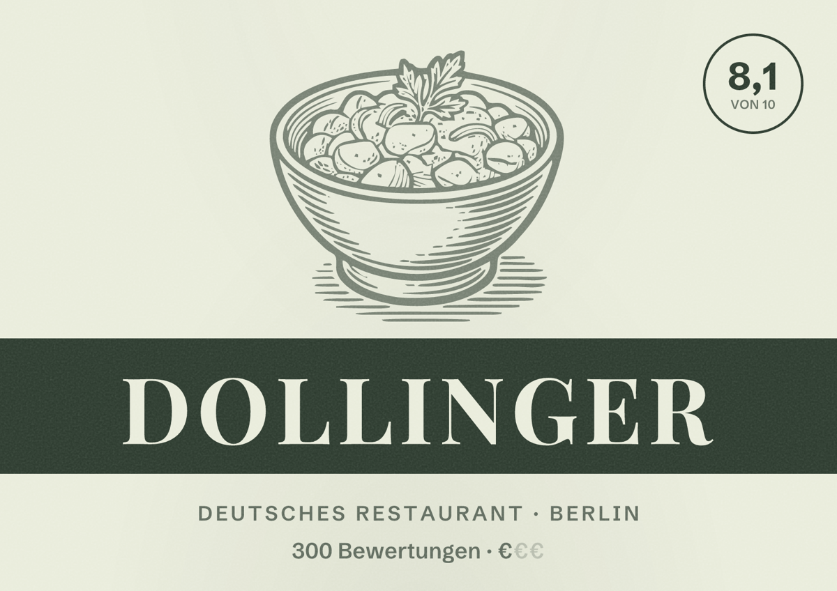 Illustriertes Poster von Dollinger, Deutsches Restaurant in Berlin: Bewertung 8,1 von 10 aus 300 Bewertungen, Preisniveau €