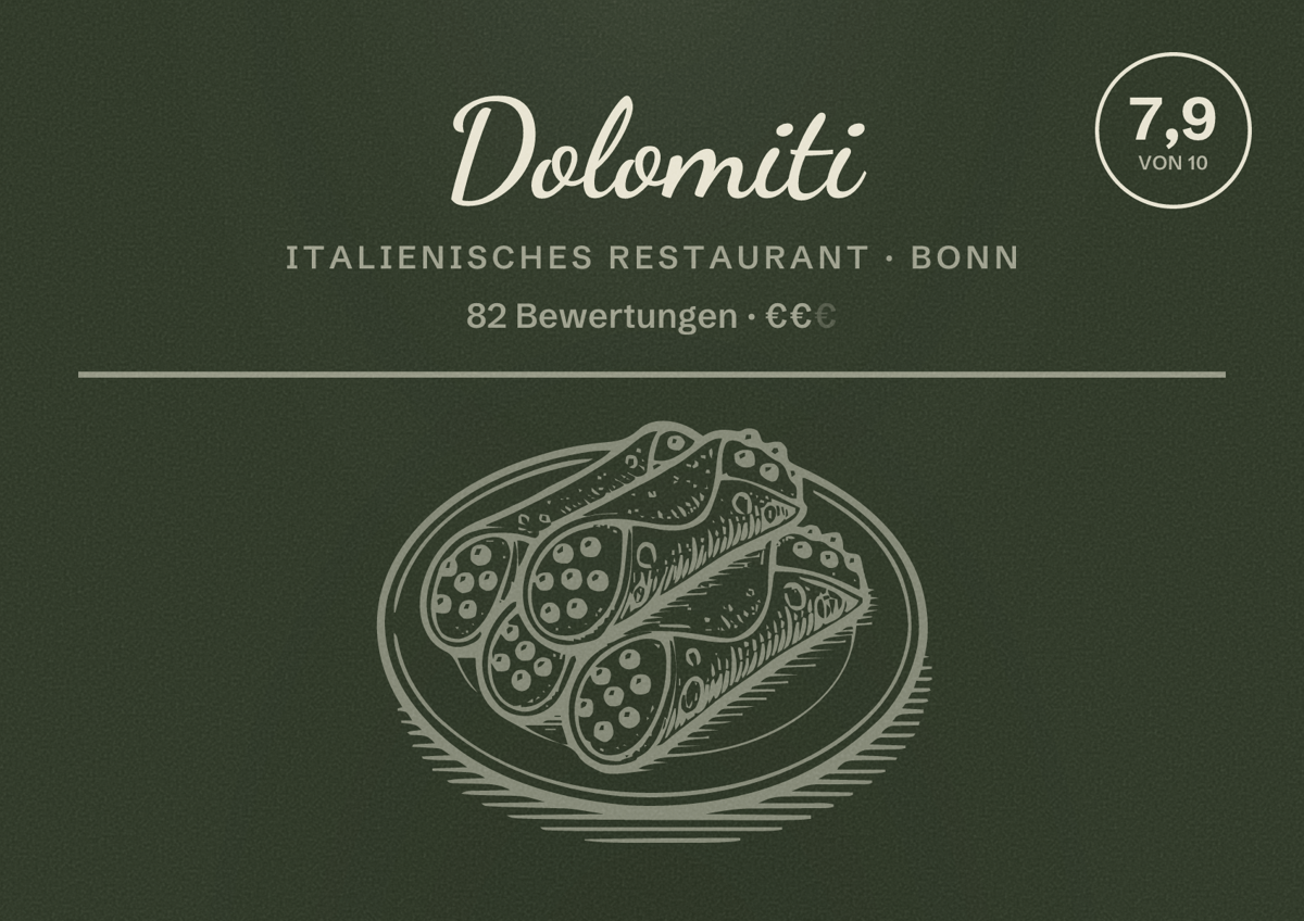 Illustriertes Poster von Dolomiti, Italienisches Restaurant in Bonn: Bewertung 7,9 von 10 aus 82 Bewertungen, Preisniveau €€