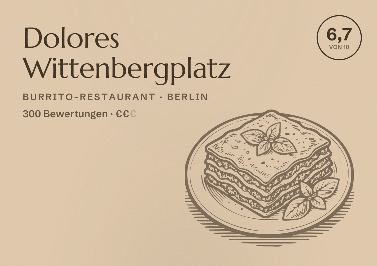 Illustriertes Poster von Dolores Wittenbergplatz, Burrito-Restaurant in Berlin: Bewertung 6,7 von 10 aus 300 Bewertungen, Preisniveau €€