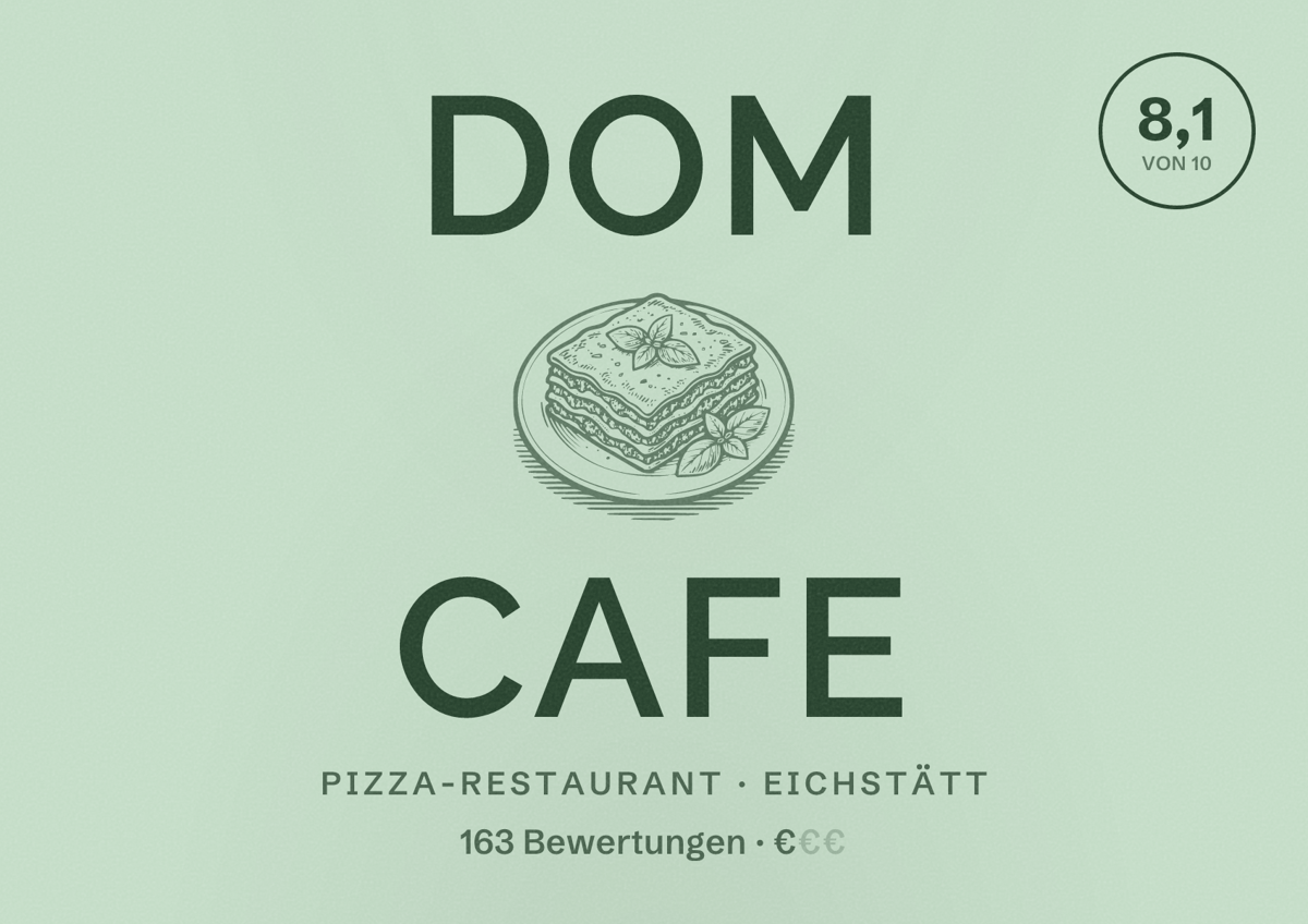 Illustriertes Poster von Dom Cafe, Pizza-Restaurant in Eichstätt: Bewertung 8,1 von 10 aus 163 Bewertungen, Preisniveau €