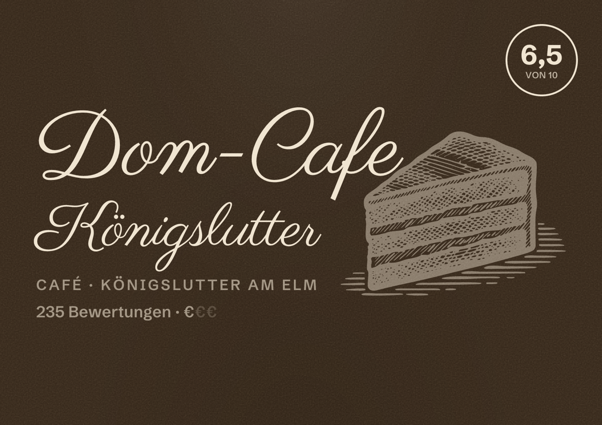 Illustriertes Poster von Dom-Cafe Königslutter, Café in Königslutter am Elm: Bewertung 6,5 von 10 aus 235 Bewertungen, Preisniveau €