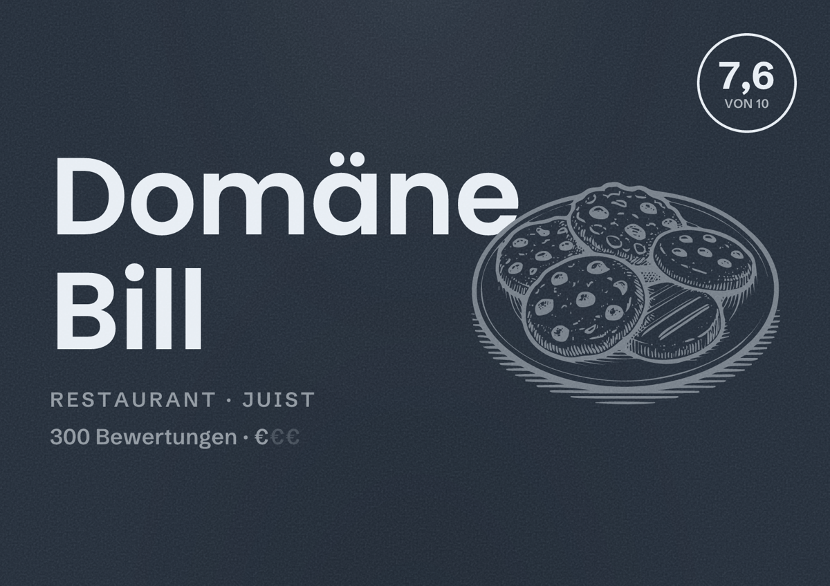 Illustriertes Poster von Domäne Bill, Restaurant in Juist: Bewertung 7,6 von 10 aus 300 Bewertungen, Preisniveau €