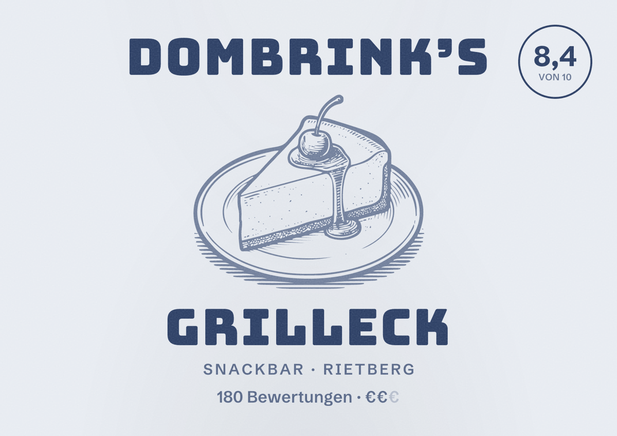 Illustriertes Poster von Dombrink’s Grilleck, Snackbar in Rietberg: Bewertung 8,4 von 10 aus 180 Bewertungen, Preisniveau €€