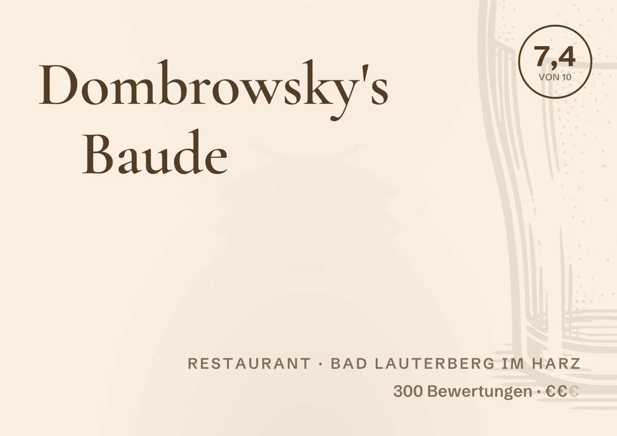 Illustriertes Poster von Dombrowsky's Baude, Restaurant in Bad Lauterberg im Harz: Bewertung 7,4 von 10 aus 300 Bewertungen, Preisniveau €€