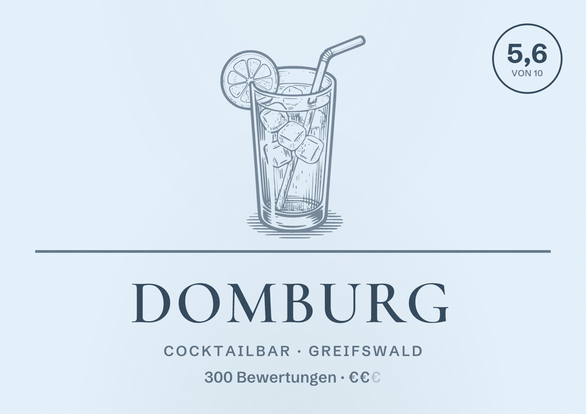 Illustriertes Poster von Domburg, Cocktailbar in Greifswald: Bewertung 5,6 von 10 aus 300 Bewertungen, Preisniveau €€