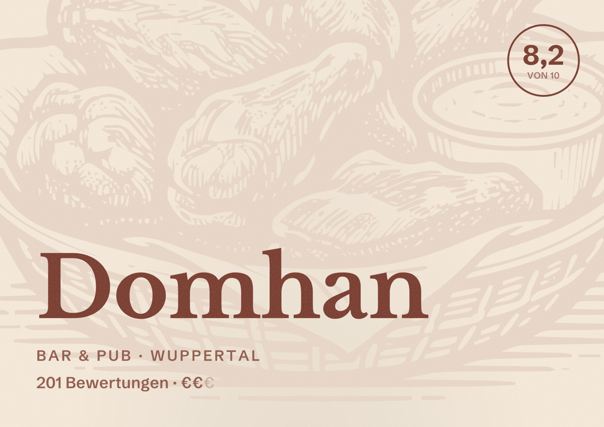 Illustriertes Poster von Domhan, Bar & Pub in Wuppertal: Bewertung 8,2 von 10 aus 201 Bewertungen, Preisniveau €€