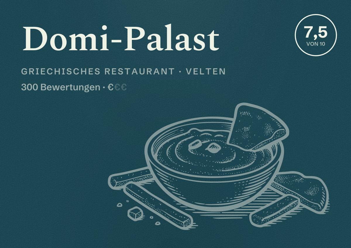 Illustriertes Poster von Domi-Palast, Griechisches Restaurant in Velten: Bewertung 7,5 von 10 aus 300 Bewertungen, Preisniveau €