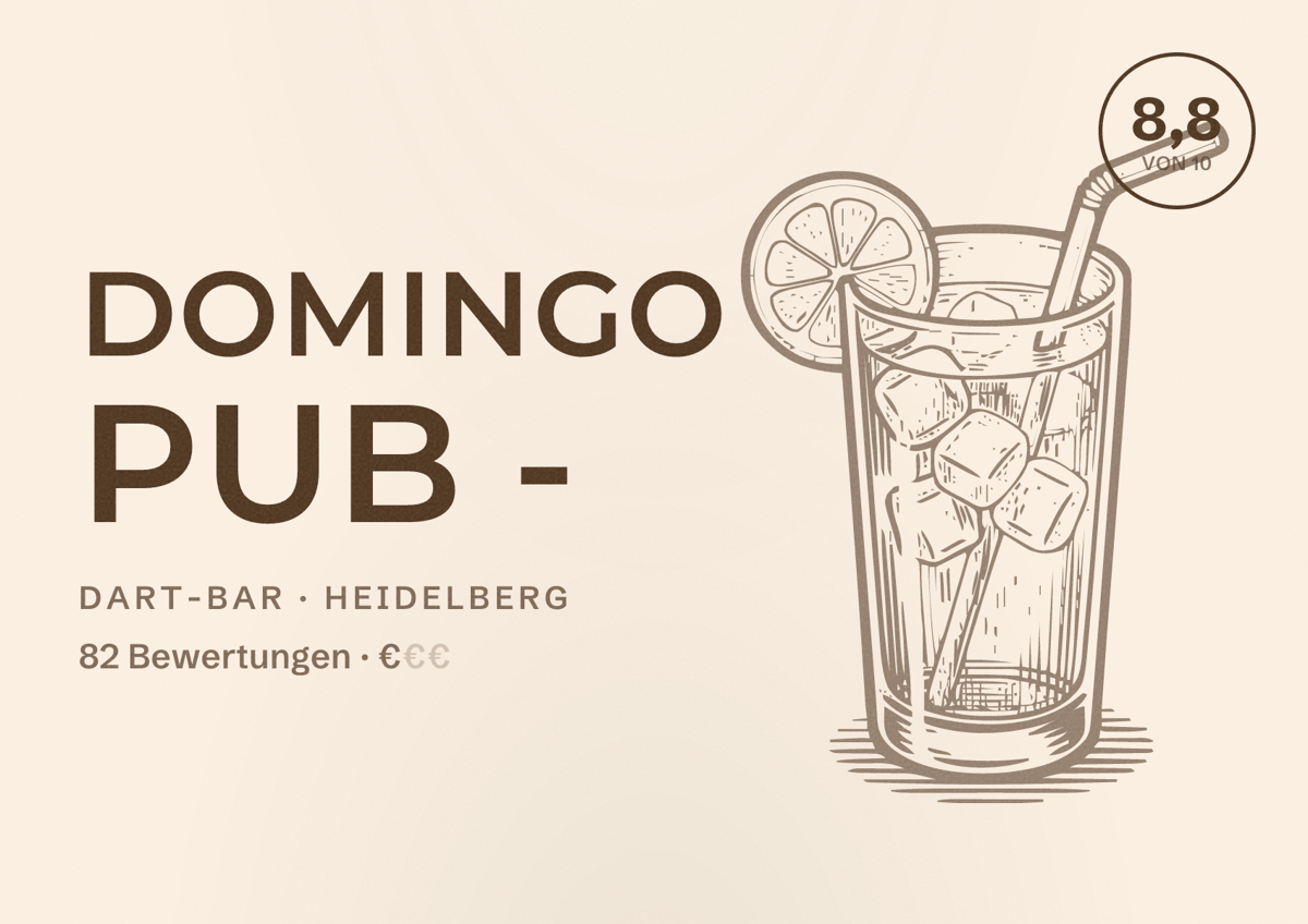 Illustriertes Poster von Domingo Pub -, Dart-Bar in Heidelberg: Bewertung 8,8 von 10 aus 82 Bewertungen, Preisniveau €