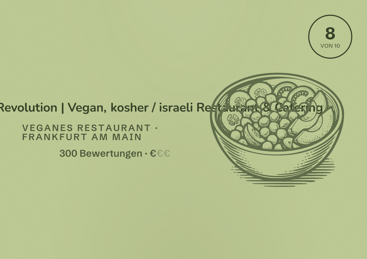 Illustriertes Poster von Dominion Food Revolution | Vegan, kosher / israeli Restaurant & Catering, Veganes Restaurant in Frankfurt am Main: Bewertung 8,0 von 10 aus 300 Bewertungen, Preisniveau €