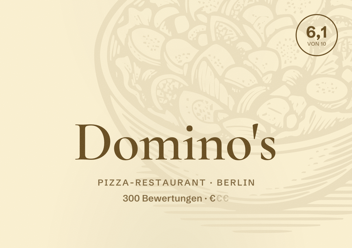 Illustriertes Poster von Domino's, Pizza-Restaurant in Berlin: Bewertung 6,1 von 10 aus 300 Bewertungen, Preisniveau €