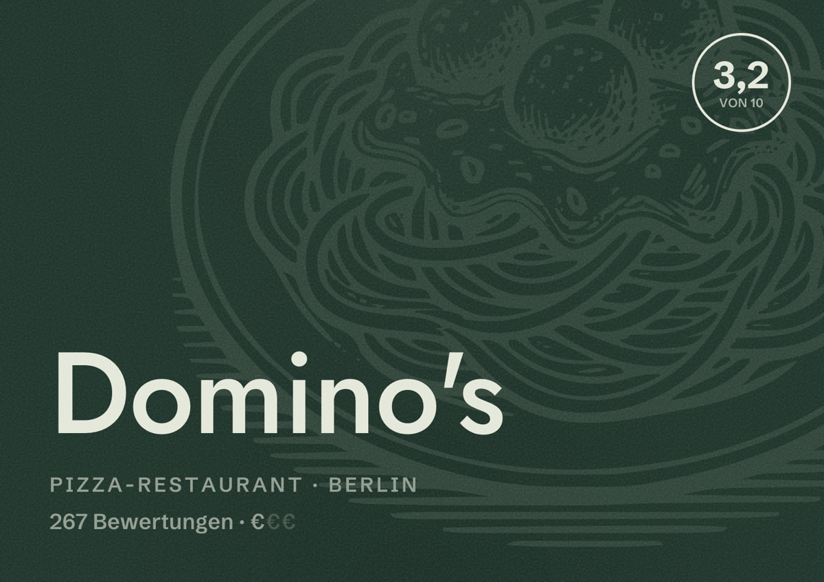 Illustriertes Poster von Domino's, Pizza-Restaurant in Berlin: Bewertung 3,2 von 10 aus 267 Bewertungen, Preisniveau €