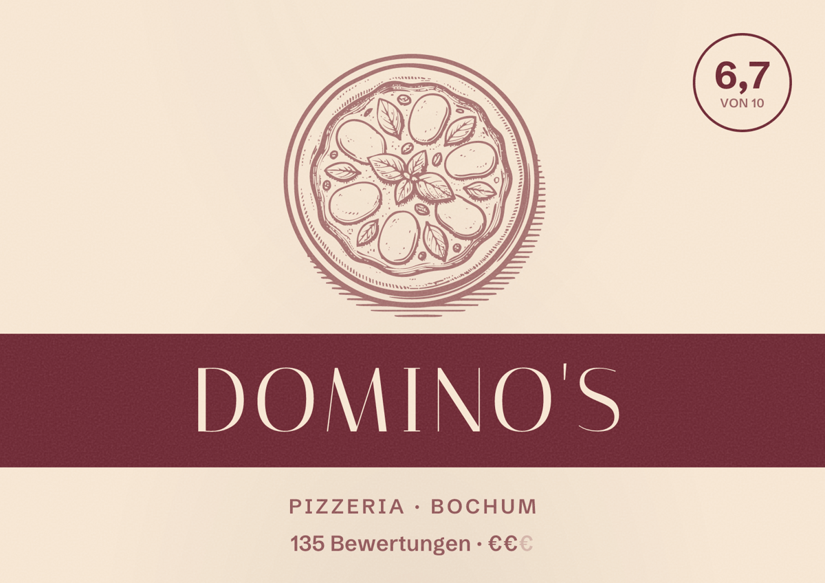 Illustriertes Poster von Domino's, Pizzeria in Bochum: Bewertung 6,7 von 10 aus 135 Bewertungen, Preisniveau €€