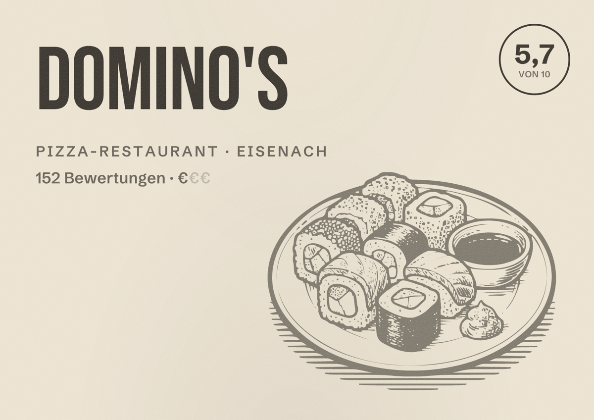 Illustriertes Poster von Domino's, Pizza-Restaurant in Eisenach: Bewertung 5,7 von 10 aus 152 Bewertungen, Preisniveau €