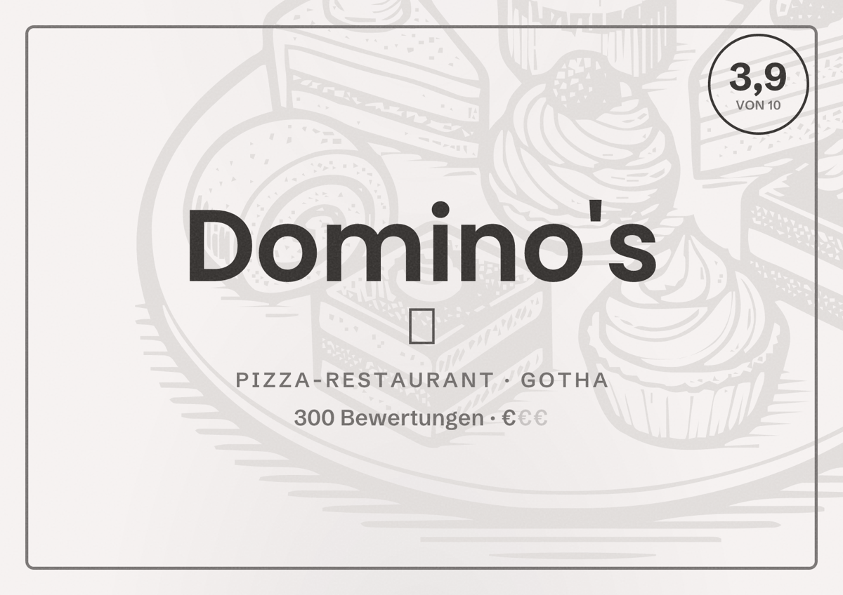 Illustriertes Poster von Domino's 🍕, Pizza-Restaurant in Gotha: Bewertung 3,9 von 10 aus 300 Bewertungen, Preisniveau €