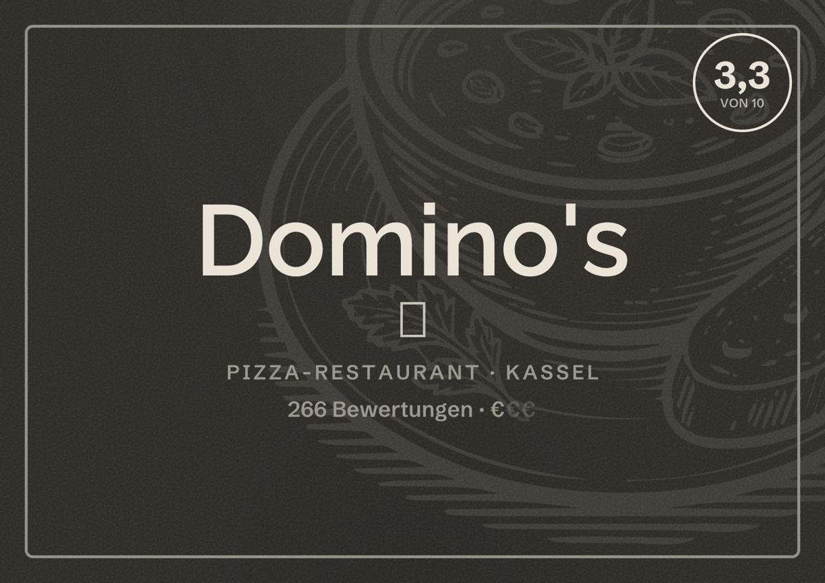 Illustriertes Poster von Domino's 🍕, Pizza-Restaurant in Kassel: Bewertung 3,3 von 10 aus 266 Bewertungen, Preisniveau €